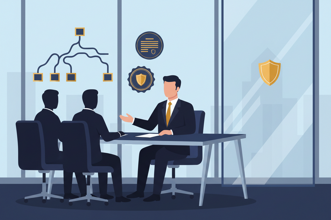 Illustration of an advisor meeting two clients at a desk with an organizational chart and shield icons