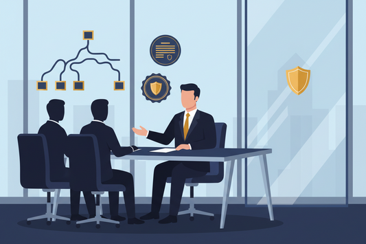 Illustration of an advisor meeting two clients at a desk with an organizational chart and shield icons