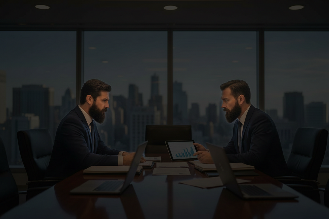 Two businessmen in business attire talking across the boardroom table