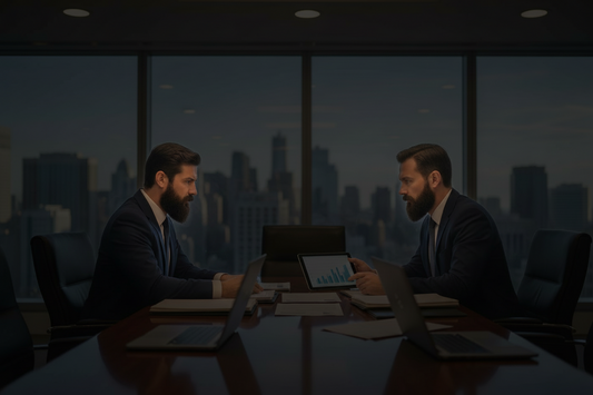 Two businessmen in business attire talking across the boardroom table