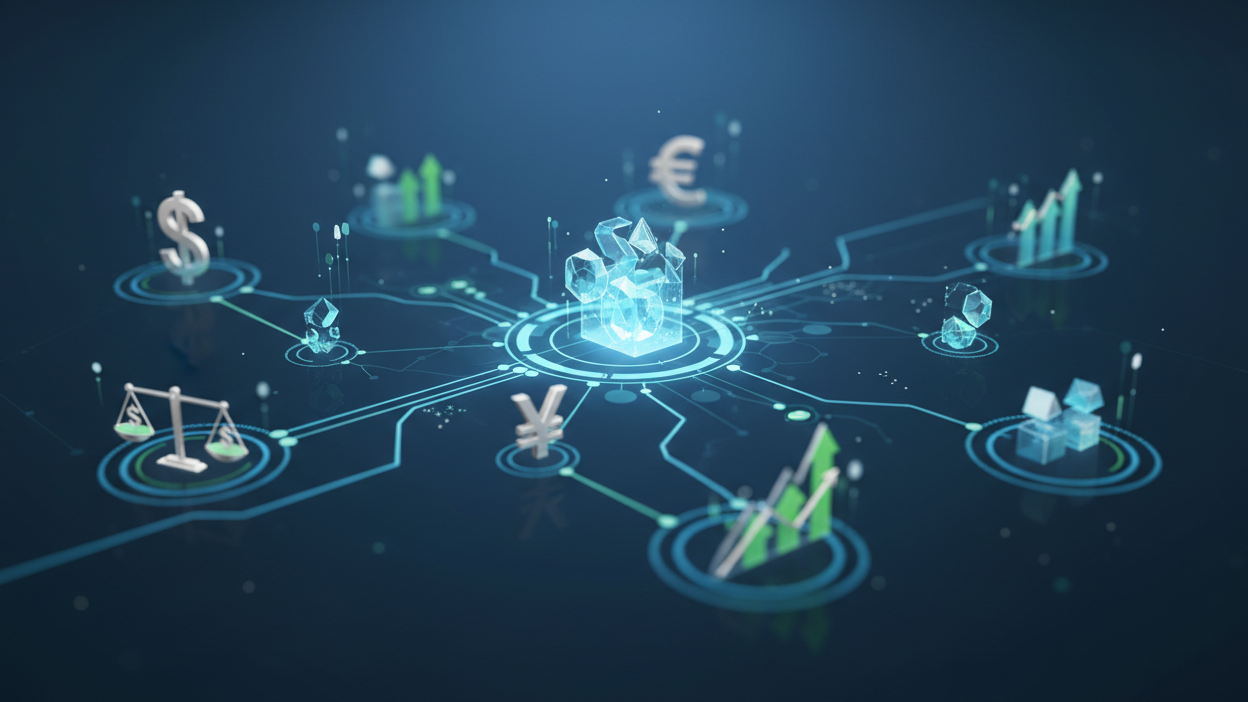Digital illustration of a network of people and symbols on a dark blue background