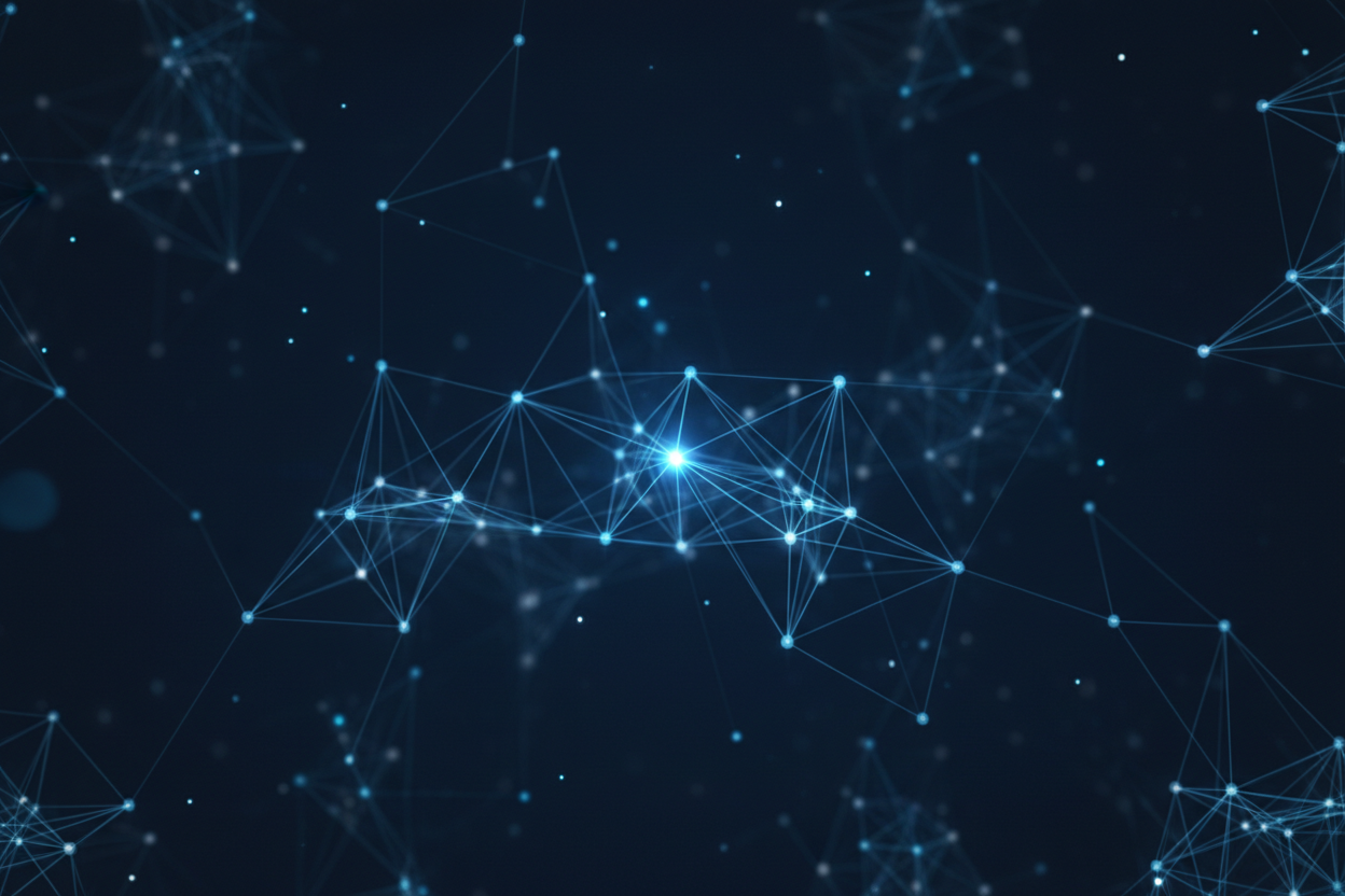Network of connected dots and lines on a dark blue background