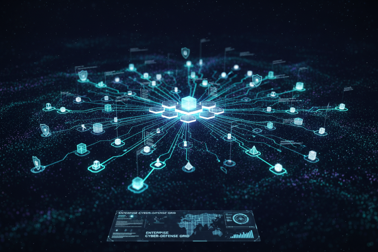 Holographic network diagram on a dark background