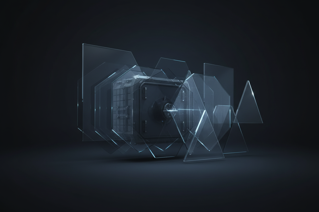 Computer hardware and safe door with transparent panels on a dark background