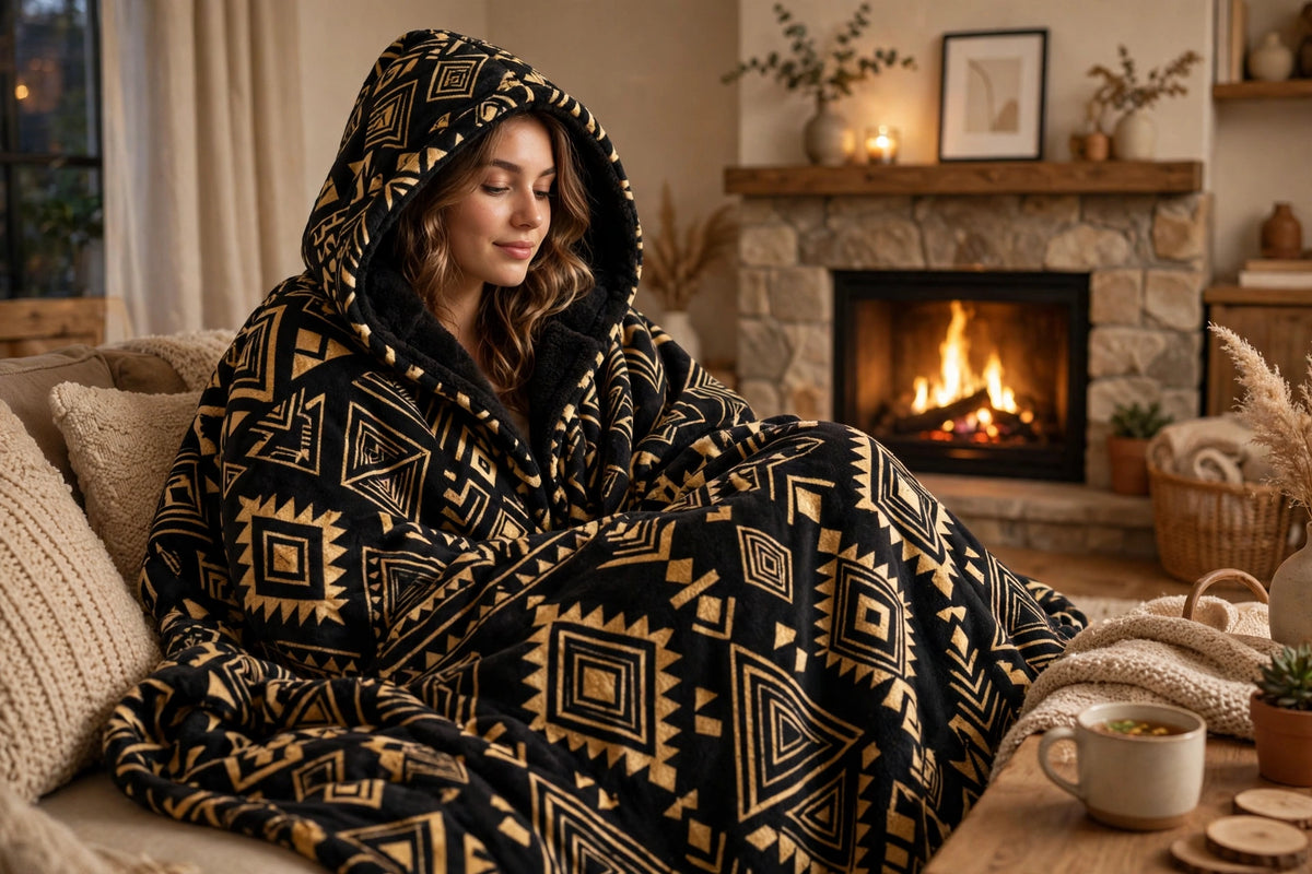 Woman wrapped in a black and gold patterned hooded blanket by a fireplace — Blockhouse Apparel