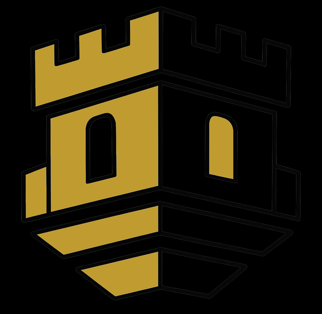 Gold castle-like symbol on a black background