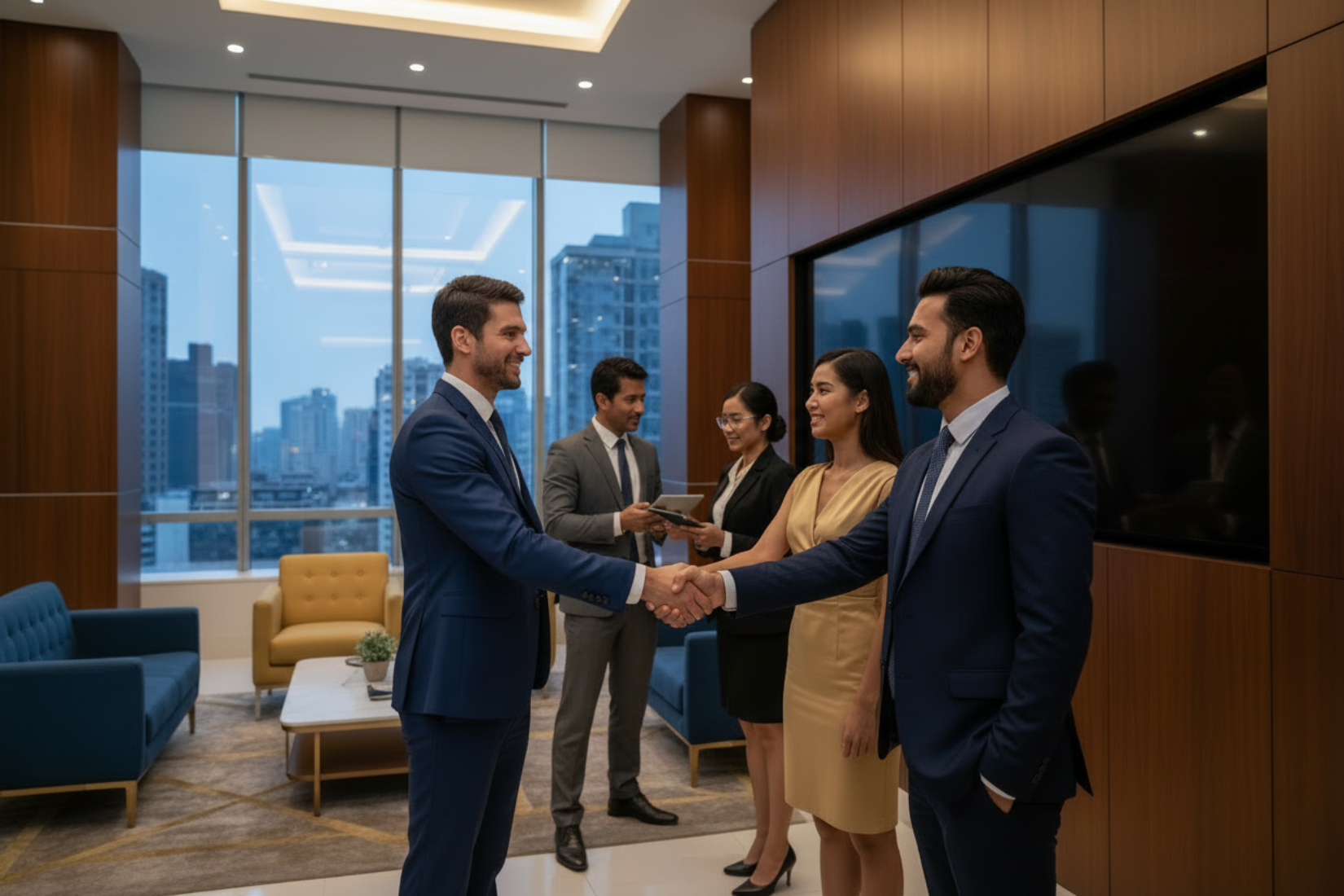 business environment with people shaking hands, speaking in the office setting