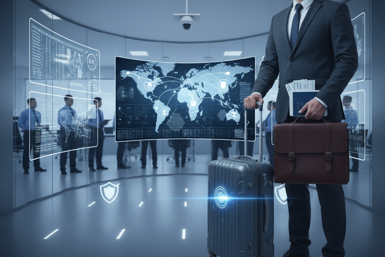 Man in a suit with a briefcase and suitcase in a futuristic security room with world map and digital displays.