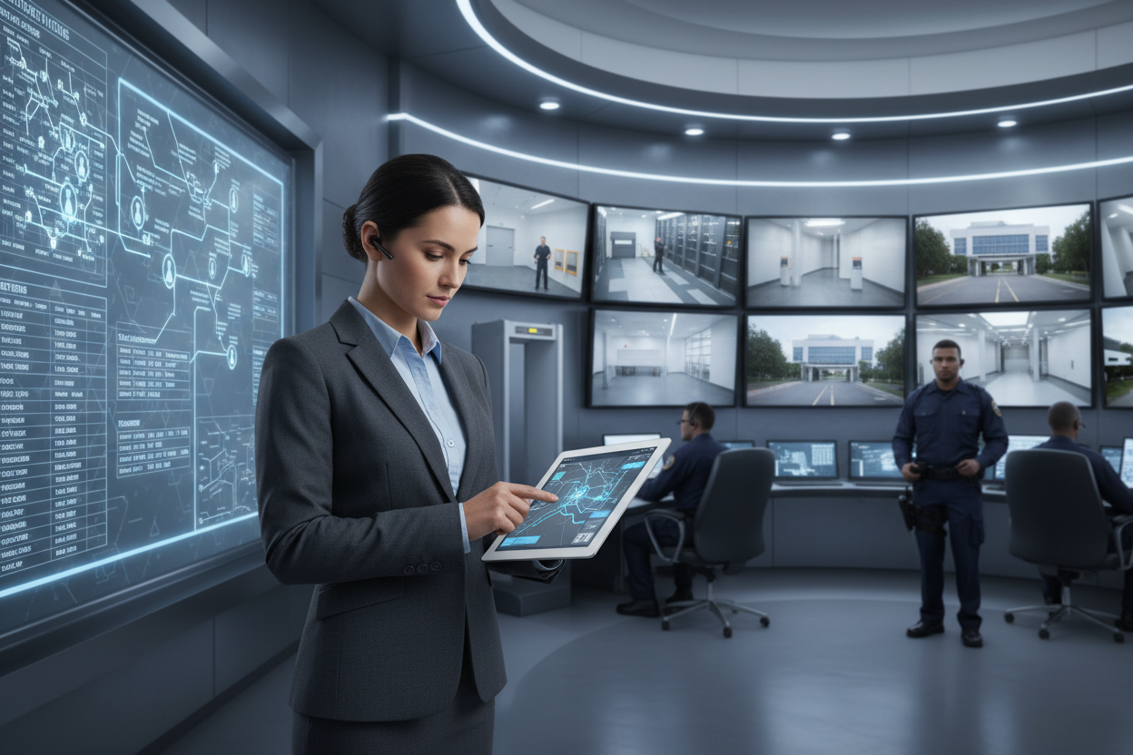 Person in a control room with multiple monitors and a large display board.