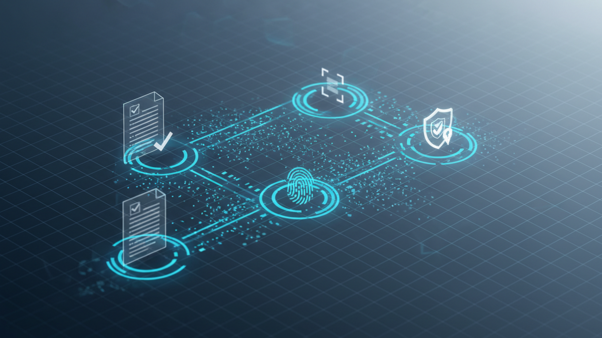 Digital illustration of a network of security icons on a dark blue background