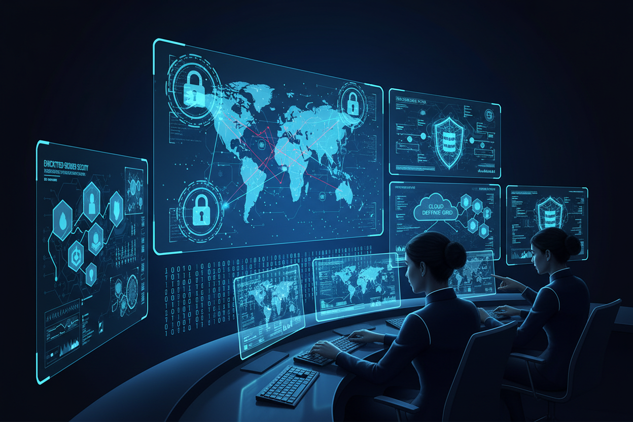 Two people working at a futuristic control center with digital maps and interfaces.