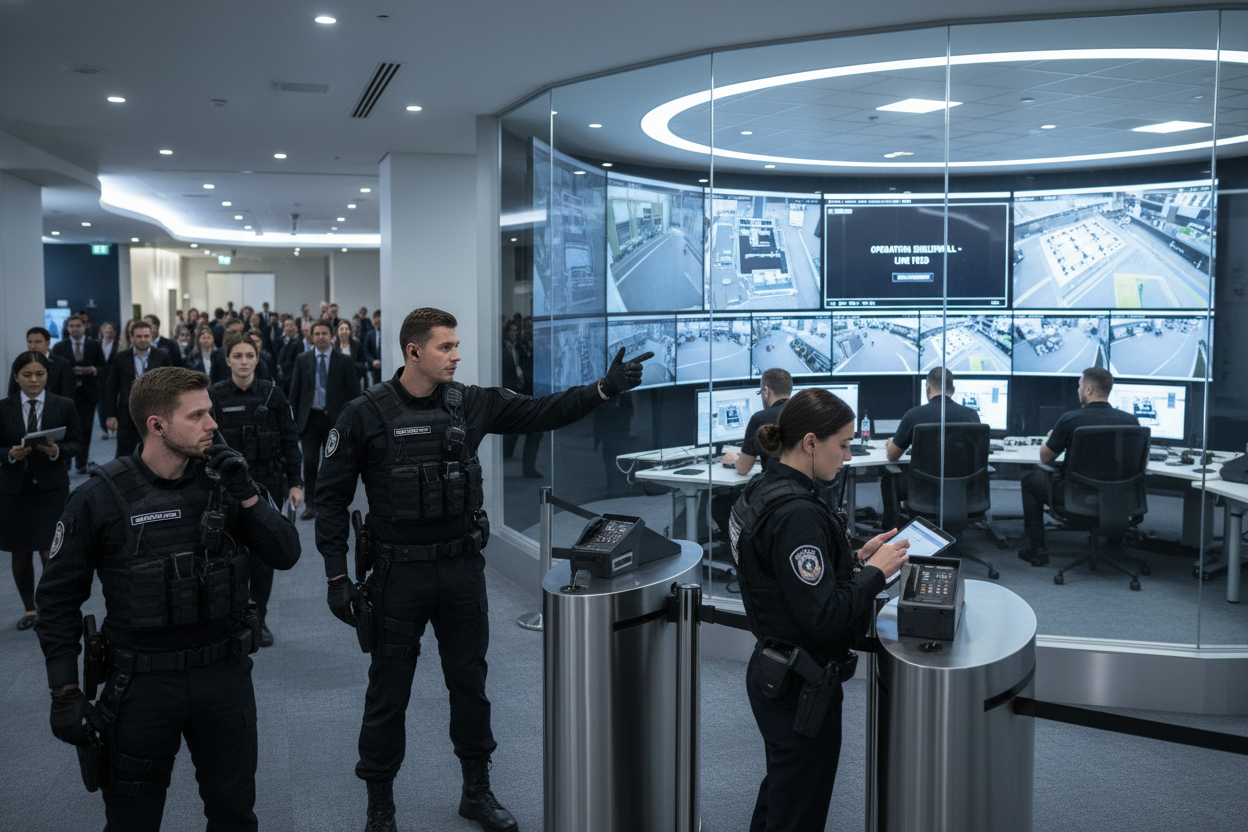 Security personnel in a control room with multiple monitors displaying surveillance footage.