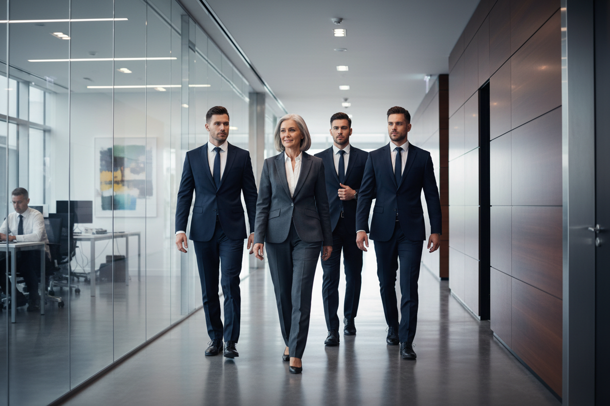 Group of business professionals walking in an office hallway