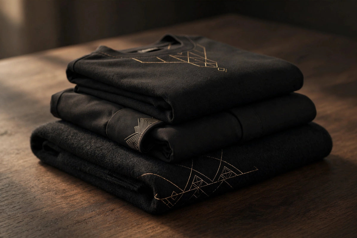 Stack of folded black apparel with gold geometric accents — Blockhouse Apparel