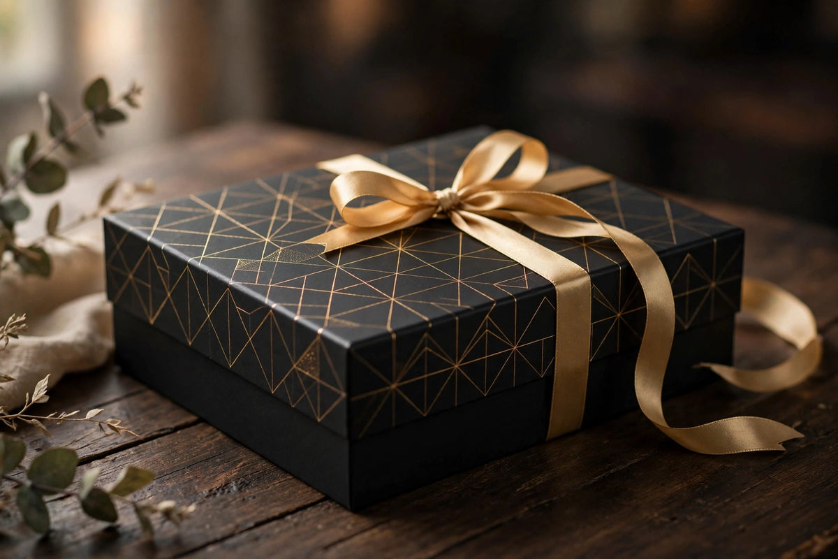 Black gift box with gold ribbon and gold geometric pattern — Blockhouse Apparel