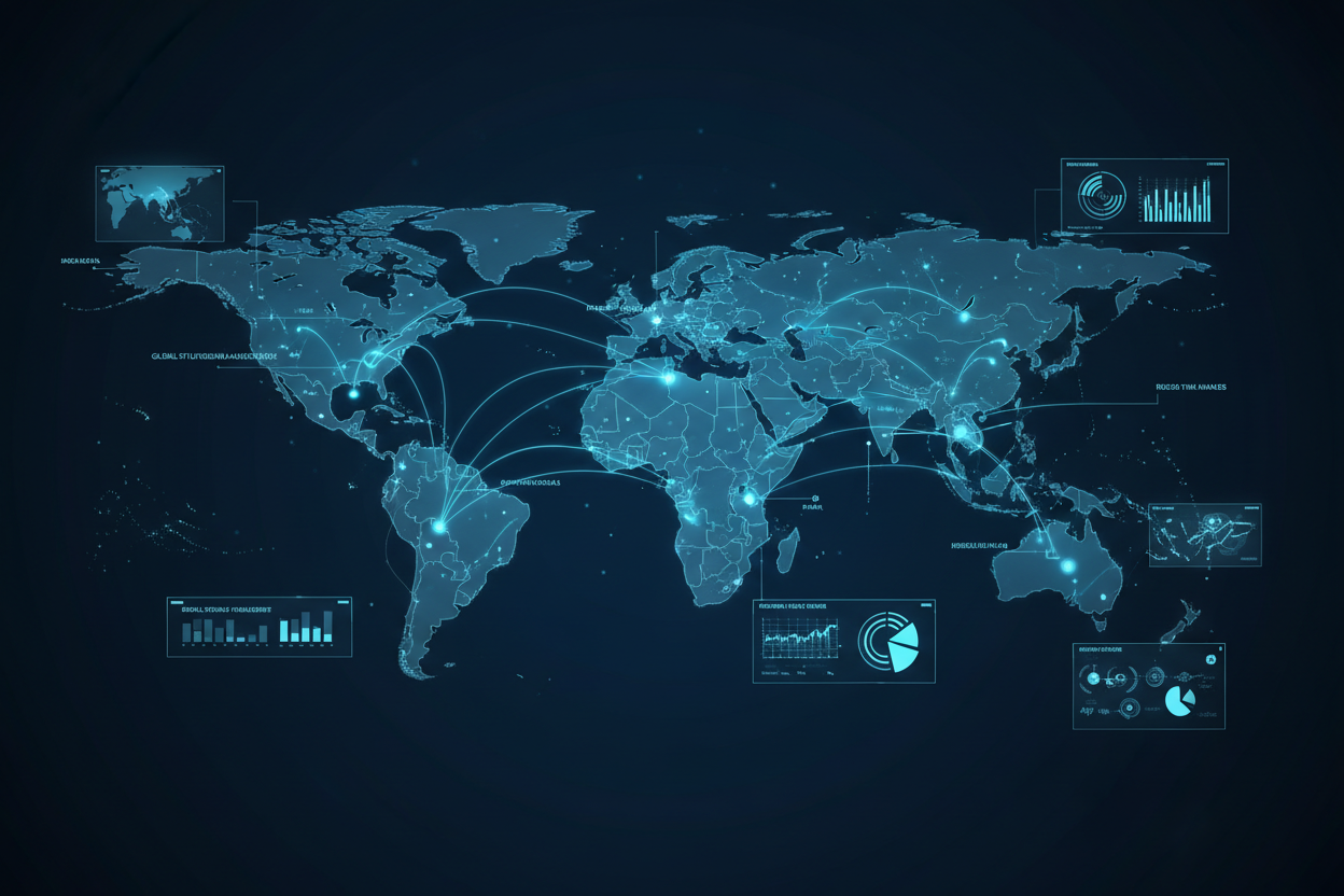 World map with network connections and data points on a dark background