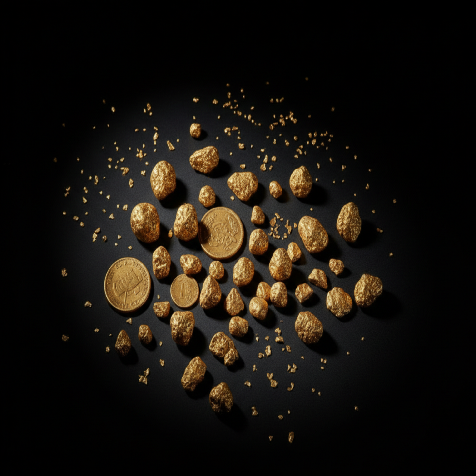 gold nuggets and small gold pieces with spanish coins with a black background