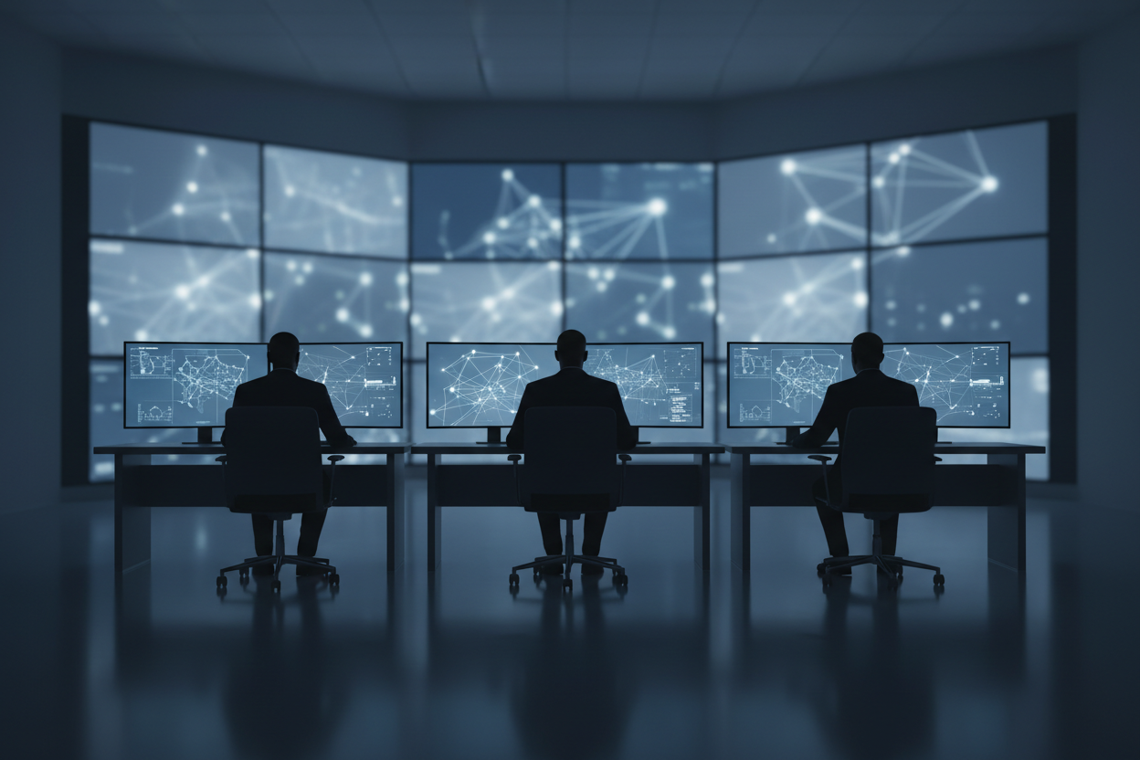 Three individuals sitting at a desk in a dark room with multiple computer monitors displaying network diagrams.