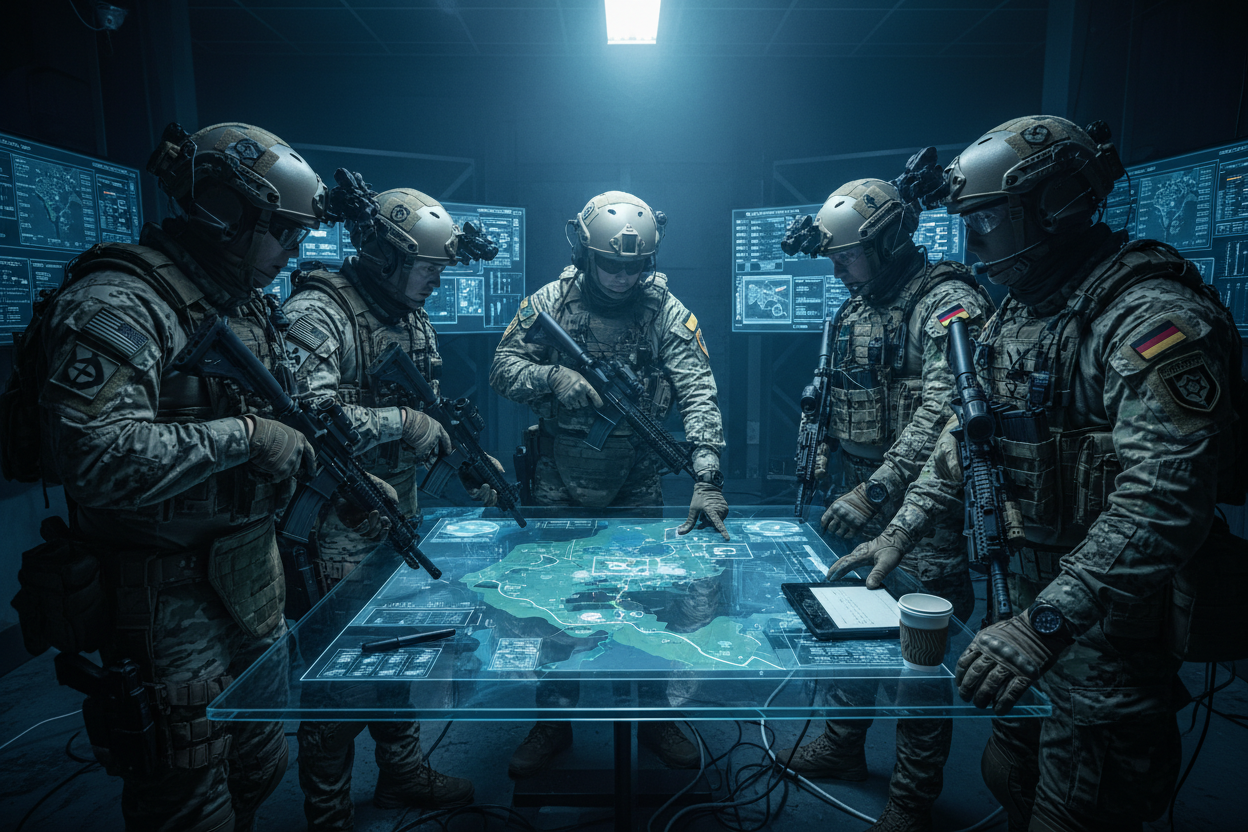 Group of soldiers in a dark room with futuristic maps and technology