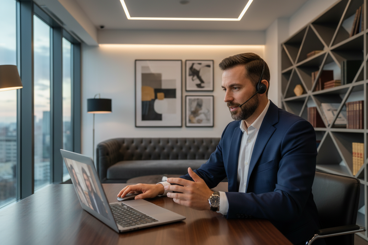 Man in a suit sitting at a desk with a laptop and headset, in an office setting.