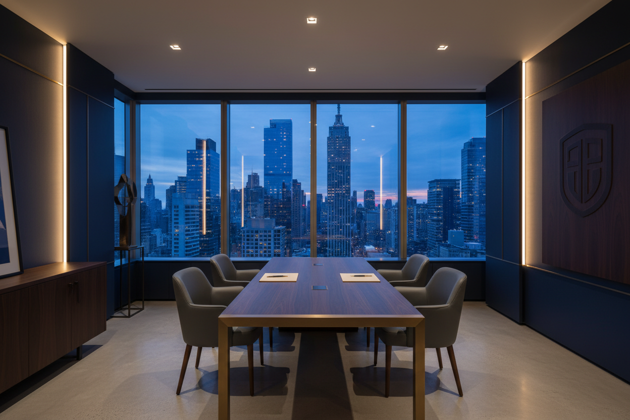 Modern conference room with city skyline view