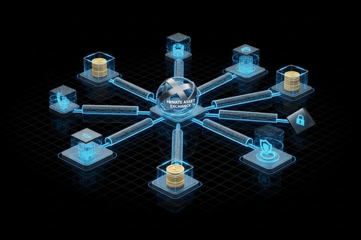 Holographic network diagram with coins on a black background