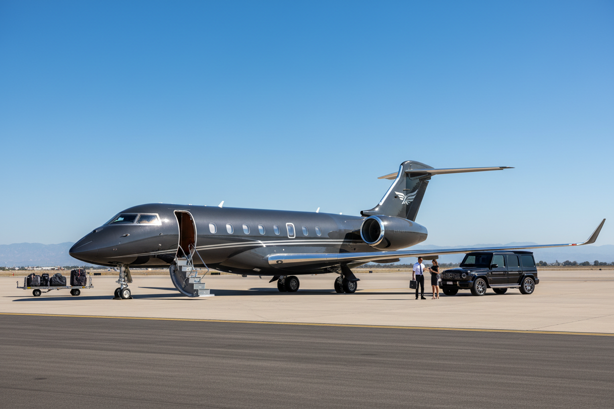 Private jet on a runway with a clear blue sky and a black luxury vehicle