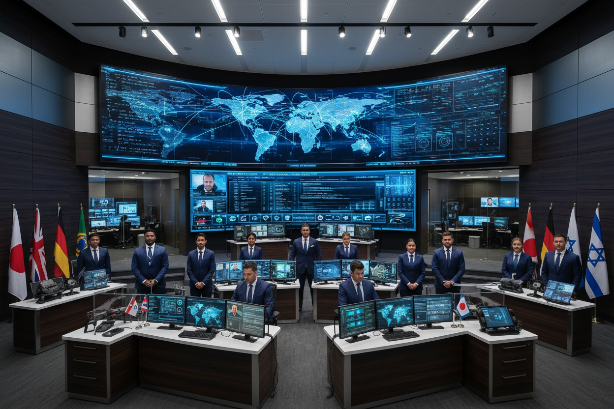 Control room with multiple monitors displaying world maps and network diagrams, with people in formal attire.