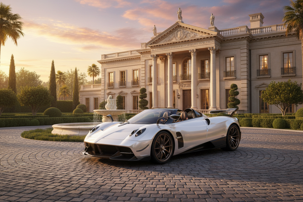 White sports car in front of a luxurious mansion during sunset.