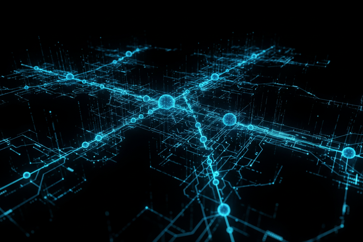 Blue network or spider web-like structure on a black background